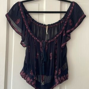 Free People sheer navy floral top S